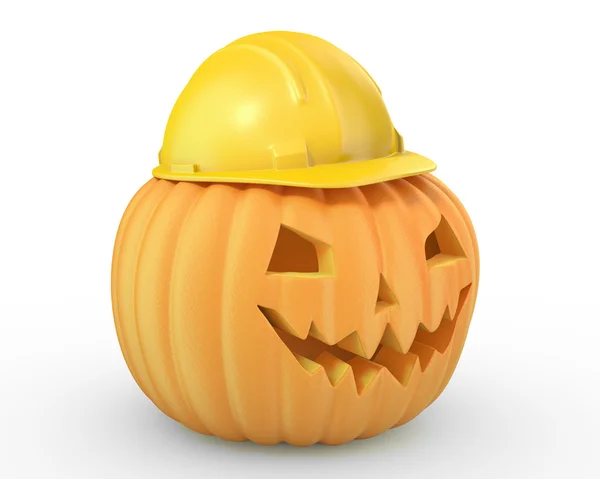 Holiday pumpkin jack lantern in a yellow helmet — Stock Photo, Image