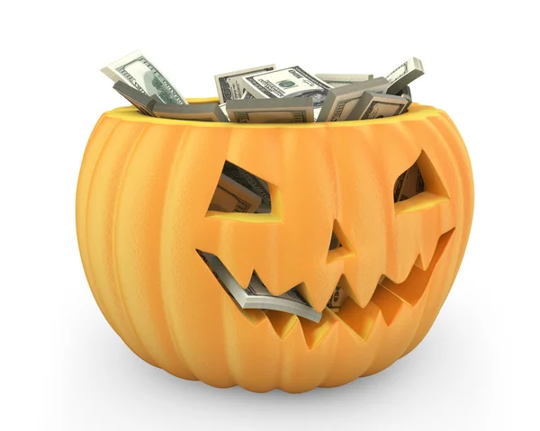 Holiday pumpkin jack lantern full of dollars — Stock Photo, Image