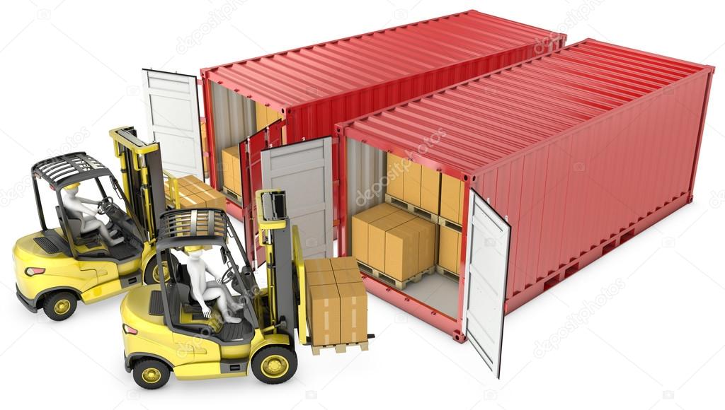 Two yellow lift truck unloading containers