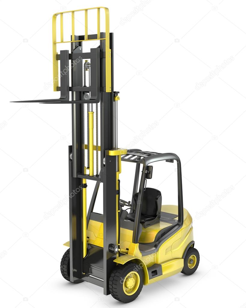 Yellow fork lift truck with raised fork