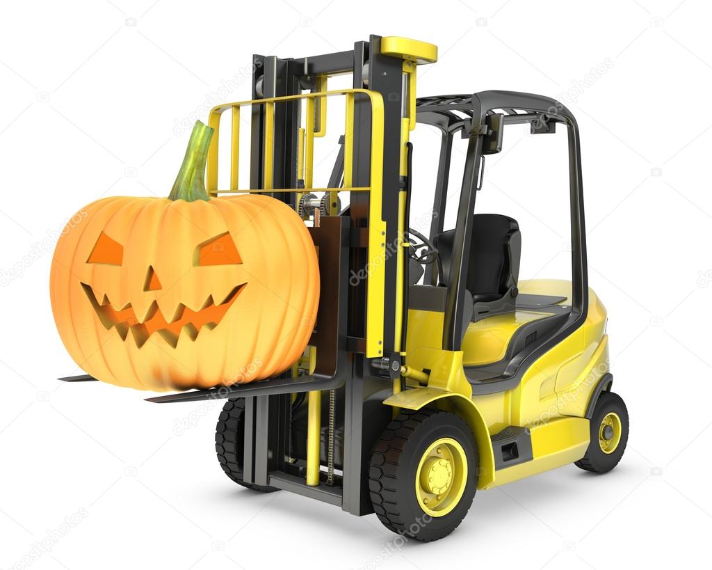 Yellow fork lift truck lifts halloween lantern