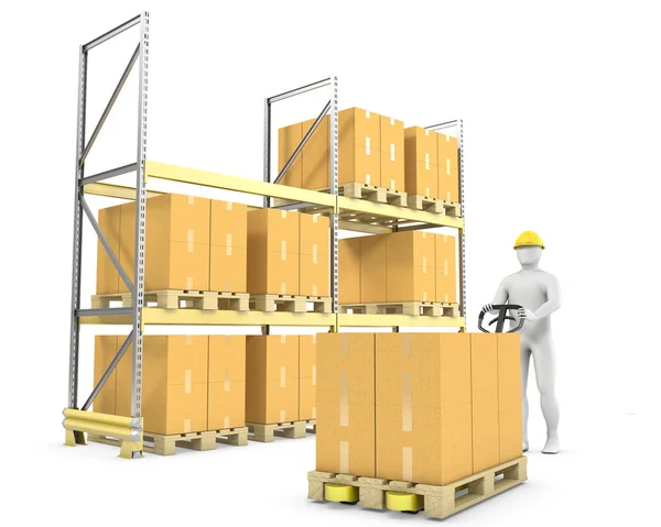 Trabalhador move caixas com caminhão de paletes — Fotografia de Stock
