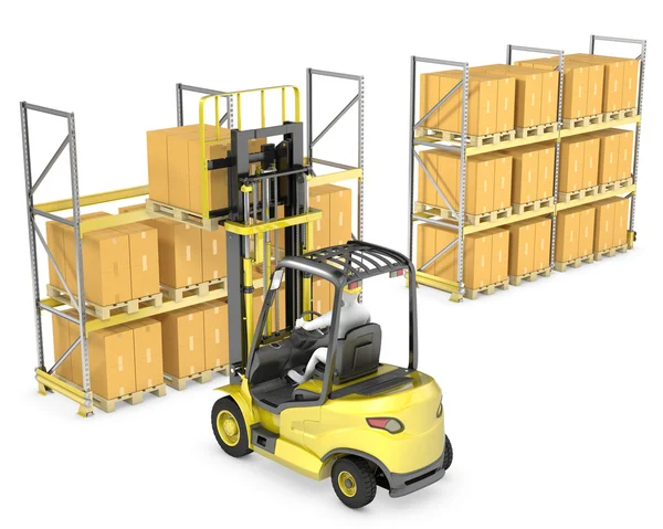 Forklift truck loads pallet on the rack Royalty Free Stock Images