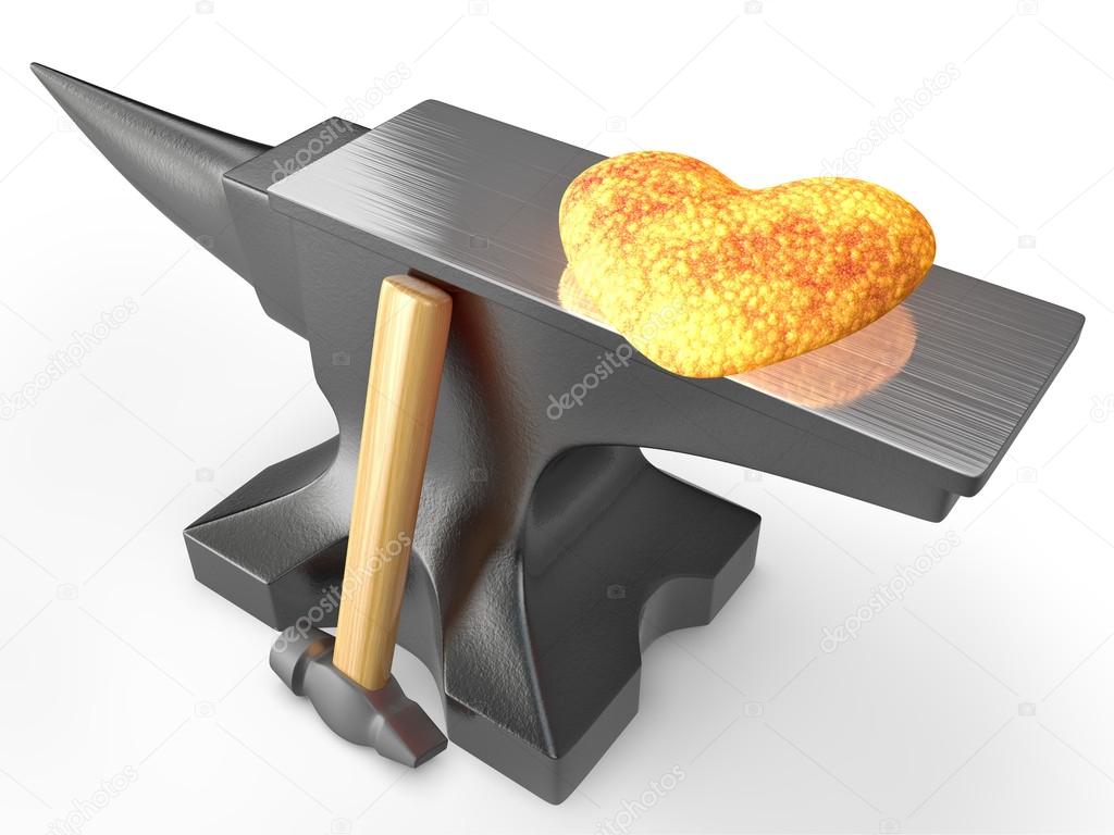 Red hot metal heart on an anvil