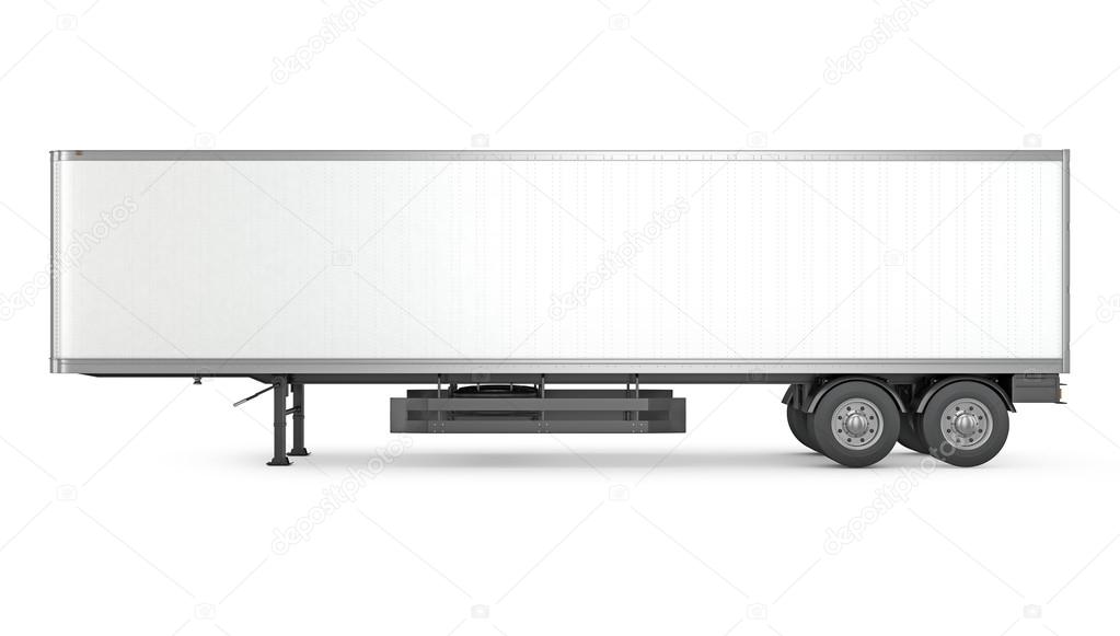 Blank white parked semi trailer, side view