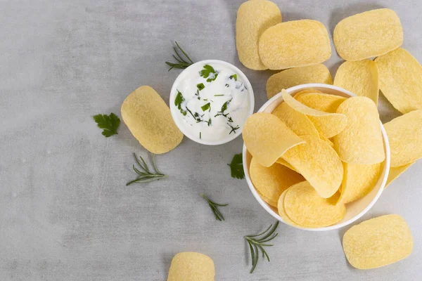 Potato Chips Sauce Spices Top View — Stock Photo, Image