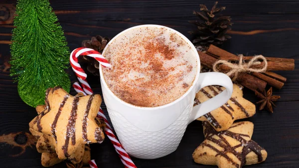 Taza Cacao Con Bastón Caramelo Navidad Galletas Navidad —  Fotos de Stock