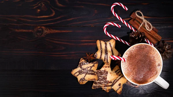 Чашка Какао Рождественскими Конфетами Рождественским Печеньем Рождественский Горячий Шоколад Вид — стоковое фото