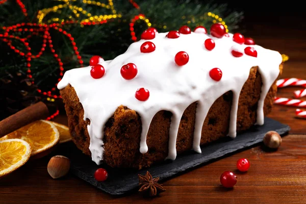 Christmas Cake Cranberries Christmas Homebaked Christmas Stollen Christmas Decorations — Stock Photo, Image