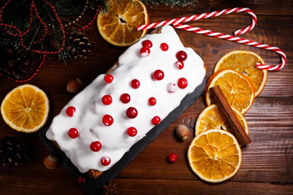 Christmas Cake Cranberries Christmas Stollen Christmas Decorations Top View Copy — стоковое фото