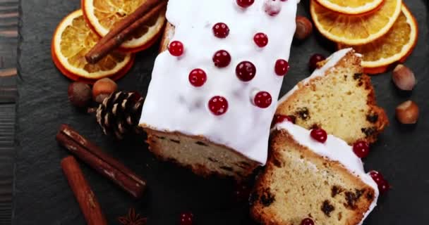 Christmas Cake Cranberries Christmas Homebaked Christmas Stollen Christmas Decorations Super — Wideo stockowe