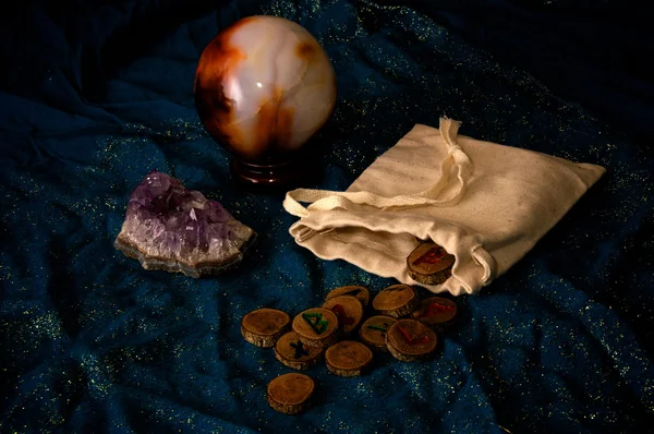 Fortune telling with runes amethyst and crystal ball — Stock Photo, Image