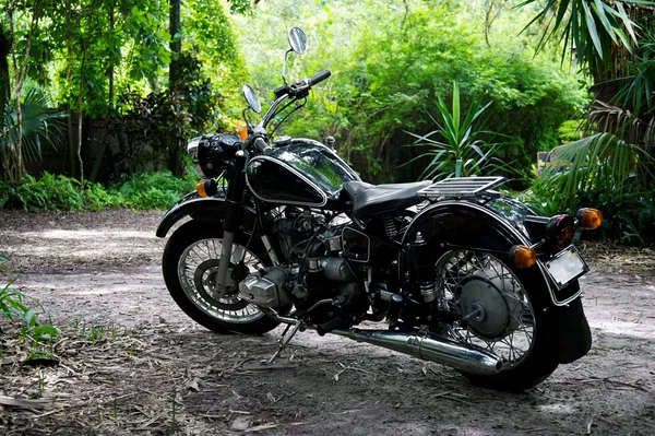 Vintage black motorcycle in subtropical setting — Stock Photo, Image