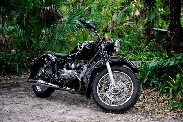 Vintage black motorcycle in tropical setting — Stock Photo, Image