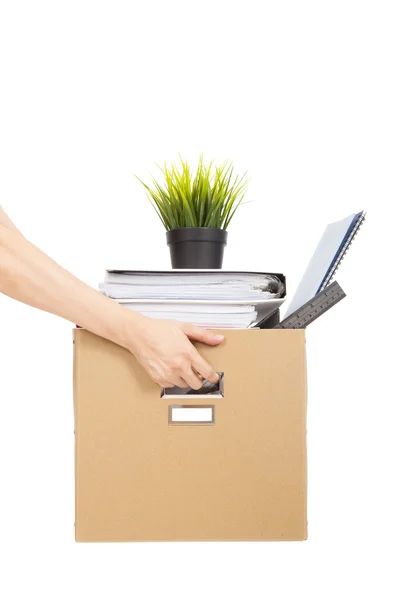 Perder trabajo concept.hand sosteniendo la caja de empleado despedido —  Fotos de Stock