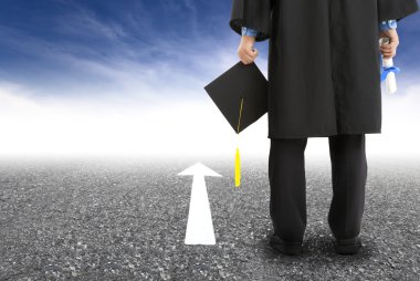 Graduate standing on the road and forward arrow clipart