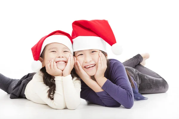 Chicas felices en sombrero de Navidad aislado en blanco — Foto de Stock