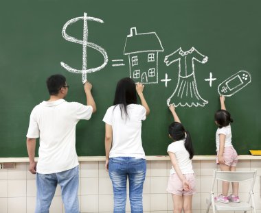 Family drawing money house clothes and video game symbol on the