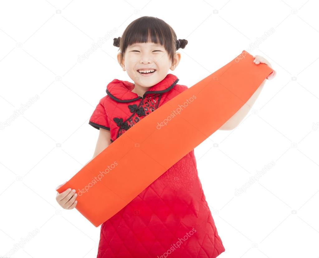 Happy chinese new year. smiling asian little girl holding blank