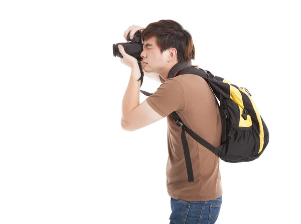 Fotógrafo com mochila isolada em fundo branco photogr — Fotografia de Stock