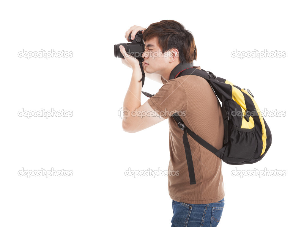 Photographer with backpack isolated on white background photogr