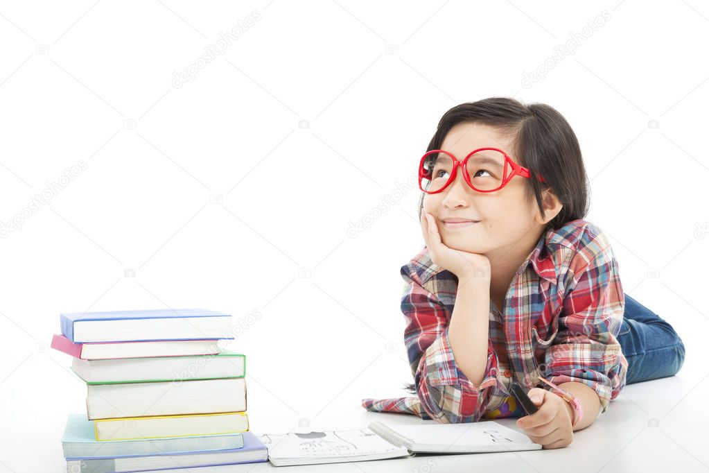 Asian little girl thinking during preparing homework