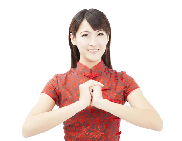 Happy chinese new year. asian woman with Congratulation gesture — Stock Photo, Image