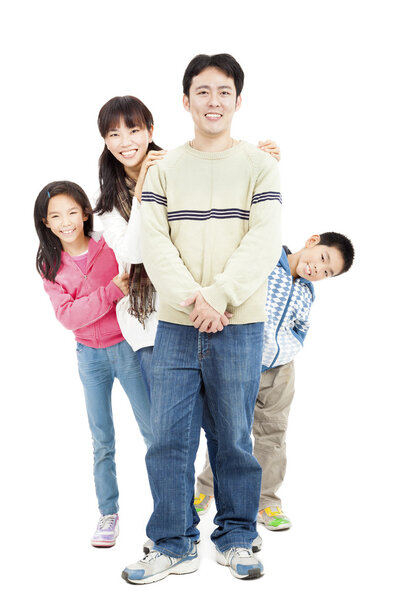 Full length of happy asian family isolated on white