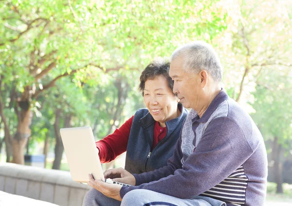 Pasangan senior yang bahagia berselancar di internet dengan laptop — Stok Foto
