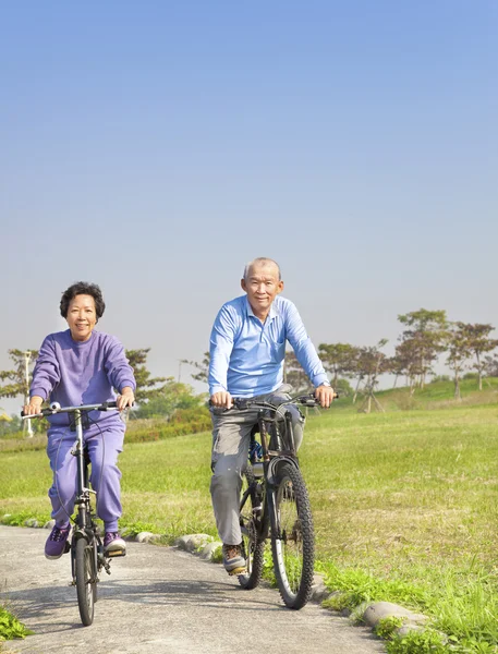 Happy asian seniors couple biking in the park — Stock Photo, Image