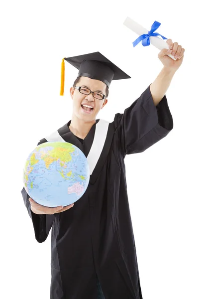 Happy Graduate man with Degree and world in hand — Stock Photo, Image