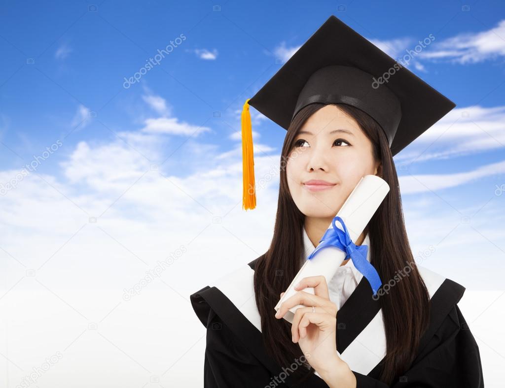 smiling Graduate woman Holding Degree with cloud background