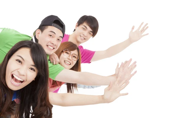 Grupo jovem feliz com as mãos para cima — Fotografia de Stock