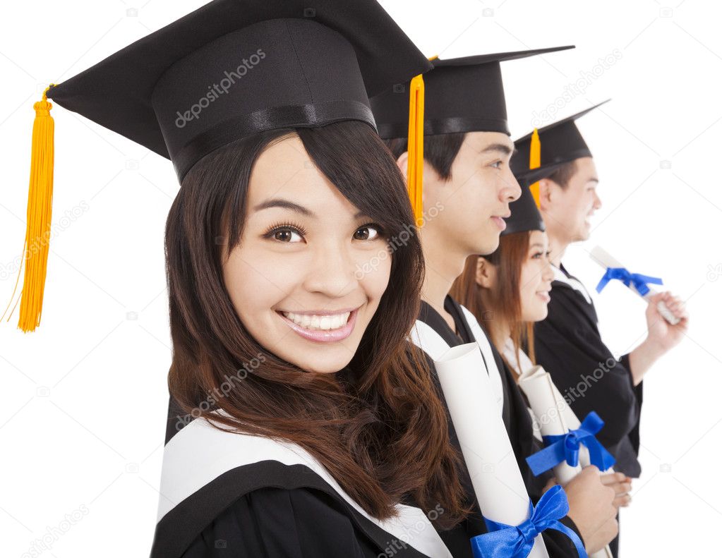 happy graduate students and isolated on white background