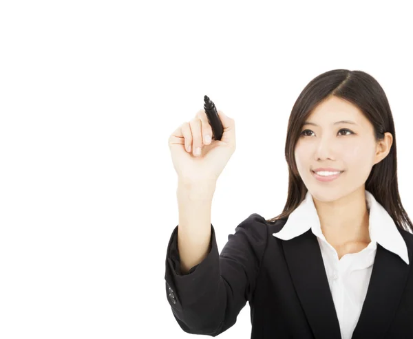 Young business woman drawing on the white background — Stock Photo, Image