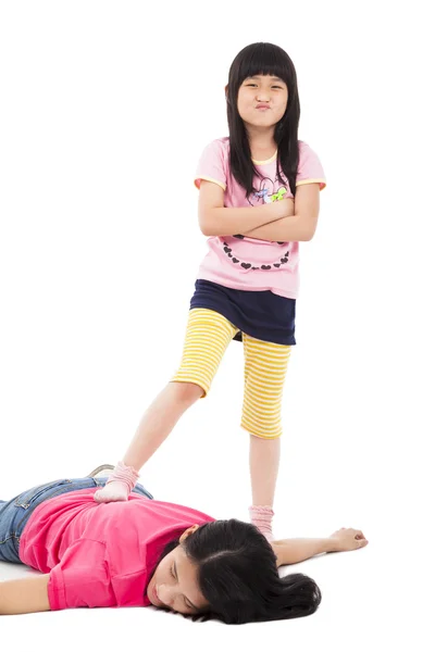 Troublesome girl and tired mother lying on the floor — Stock Photo, Image