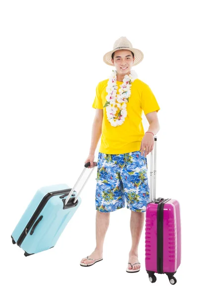 Happy young man enjoy summer vacation with travel suitcase — Stock Photo, Image