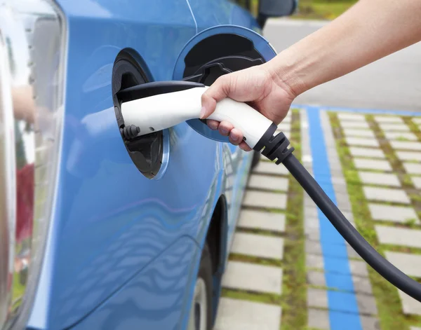 El elektrikli bir araç şarj fişi tutarak — Stok fotoğraf