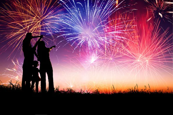 Famiglia felice in piedi sulla collina e guardando i fuochi d'artificio — Foto Stock