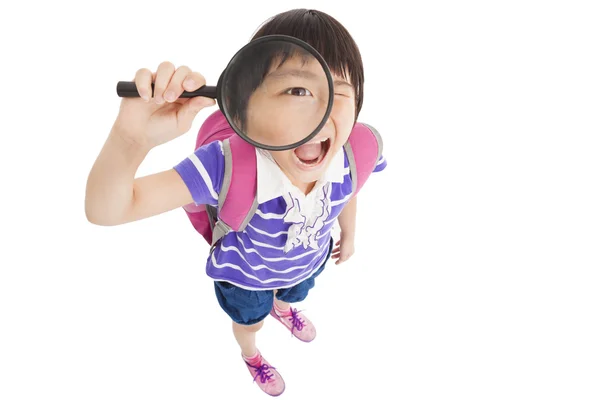 Happy school little girl holding magnifier — Stock Photo, Image