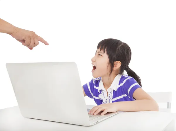 Finger of father pointing to angry girl — Stock Photo, Image
