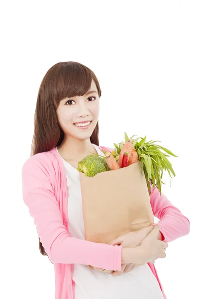 Piękna kobieta z owocami i warzywami — Zdjęcie stockowe