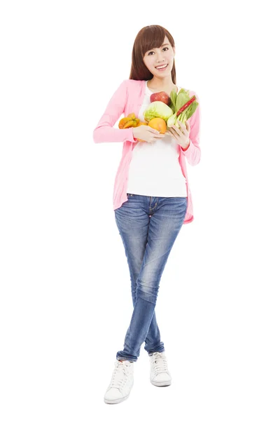 Młodej kobiety szczupłe, owoce i warzywa — Zdjęcie stockowe
