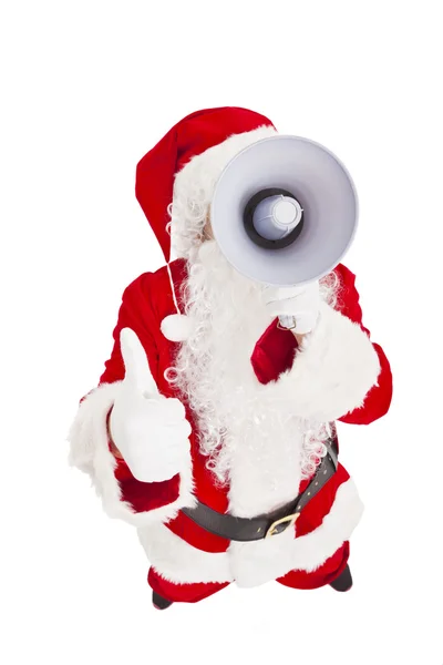 Санта Клаус держит мегафон с большим пальцем вверх — стоковое фото