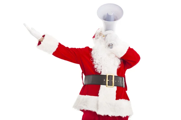 Санта Клаус держит мегафон и смотрит вверх — стоковое фото