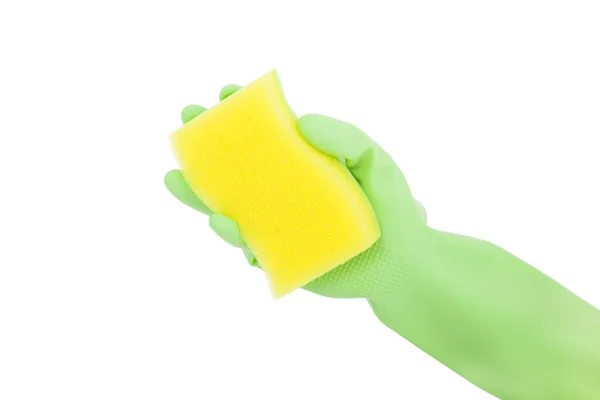 Main en gant de caoutchouc avec éponge — Photo