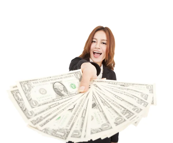 Mujer de negocios feliz mostrando el dinero —  Fotos de Stock