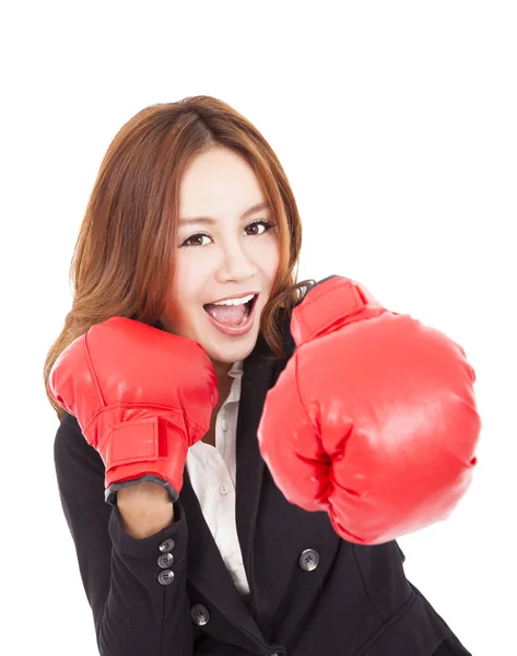 Young attractive business woman with boxing gloves — Stock Photo, Image