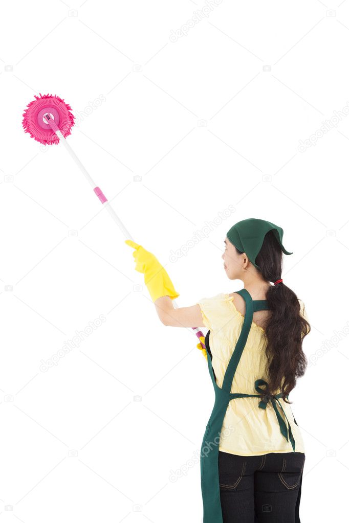 Young housewife cleaning by mop