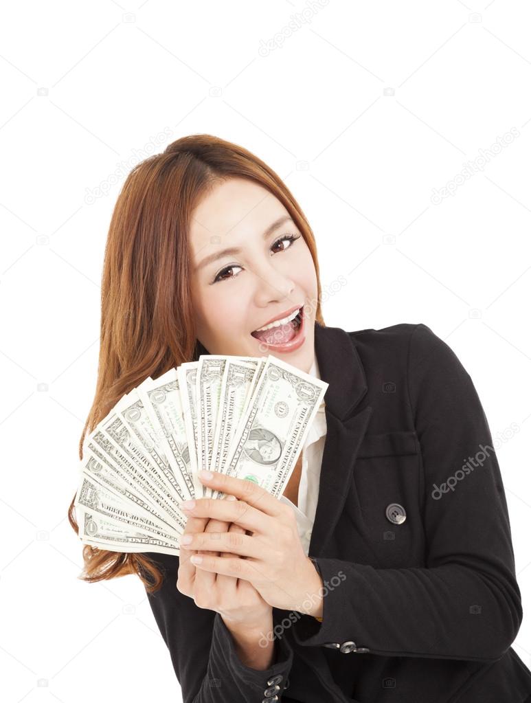 young smiling business woman holding the money